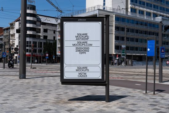 Urban billboard mockup in a street setting, clear day, perfect for outdoor advertising display, high resolution, designers graphic template.